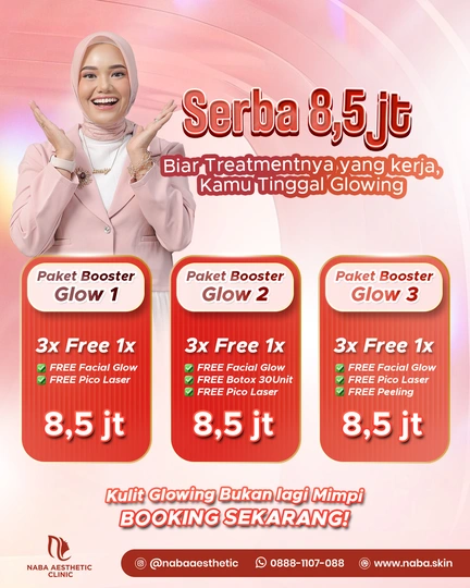 romo Paket Booster Glow dari Naba Aesthetic Clinic seharga 8,5 juta. Menampilkan 3 pilihan paket treatment untuk kulit glowing, termasuk gratis Pico Laser, Botox, dan Peeling.